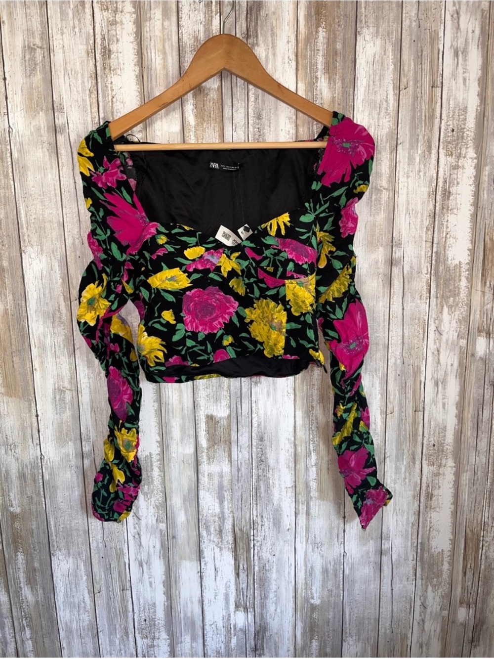 Zara Floral Ruched Sweetheart Neck Long Sleeve Crop Top Black M NWT - Picture 2 of 7